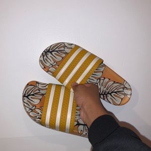 yellow floral adidas slides